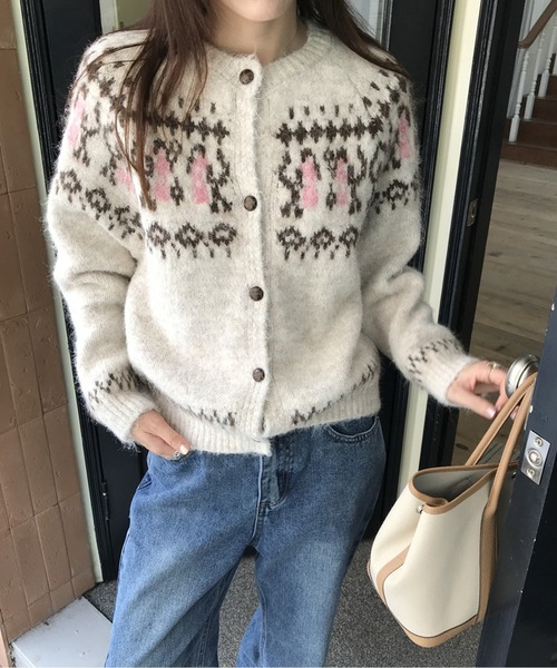 LUCPY カーディガン ノルディック柄ふわもこニットカーディガン