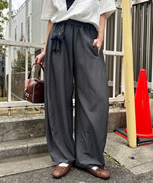 ワイドパンツ パンツ （ストライプ・無地）ワイドバルーンイージースラックス レディース メンズの画像