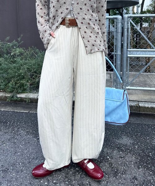 ワイドパンツ パンツ （ストライプ・無地）ワイドバルーンイージースラックス レディース メンズの画像
