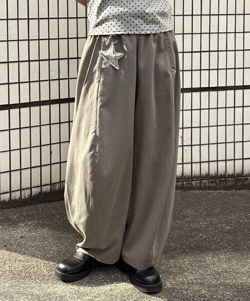 ワイドパンツ パンツ （ストライプ・無地）ワイドバルーンイージースラックス レディース メンズの画像