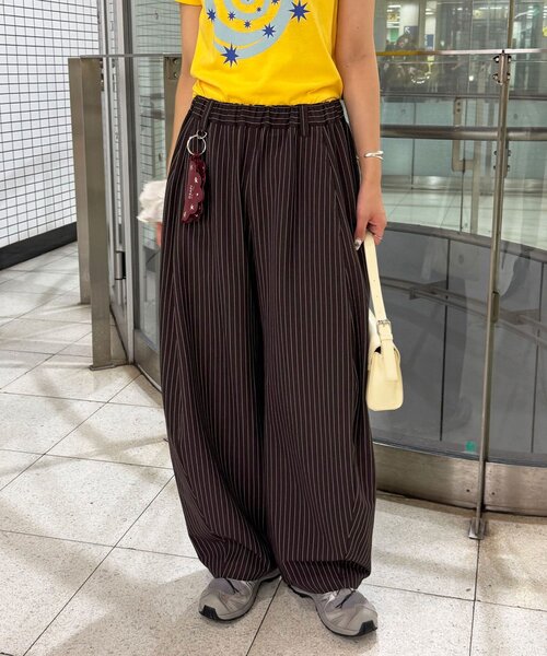 ワイドパンツ パンツ （ストライプ・無地）ワイドバルーンイージースラックス レディース メンズの画像