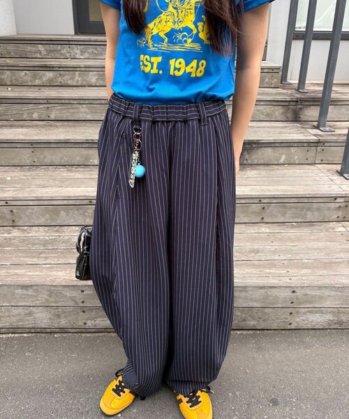ワイドパンツ パンツ （ストライプ・無地）ワイドバルーンイージースラックス レディース メンズの画像