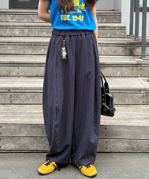 ワイドパンツ パンツ （ストライプ・無地）ワイドバルーンイージースラックス レディース メンズの画像