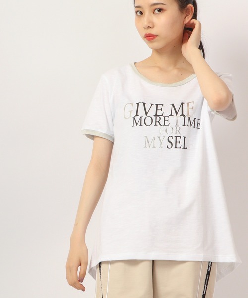 tシャツ ラメリブ メッセージプリントTシャツ レディース