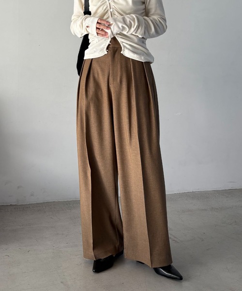 ワイドパンツ パンツ 「累計3万本！新色イエロー・チャコールグレー」2タックワイドパンツ レディースの画像