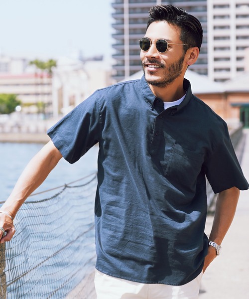シャツ 綿麻 ストレッチ プルオーバー ボタンダウン 半袖シャツ メンズ 