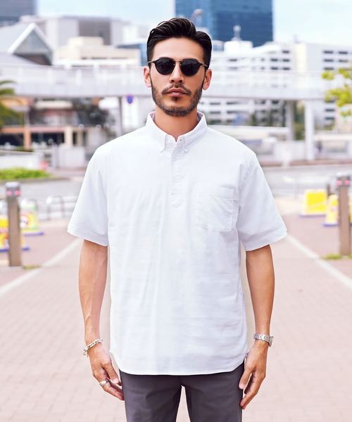 JIGGYS SHOP シャツ 綿麻 ストレッチ プルオーバー ボタンダウン