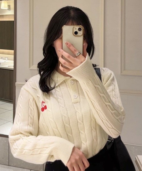 ニット セーター CHERRIES KNIT POLO / ニットポロ レディース Chick ニット セーター CHERRIES KNIT POLO / ニットポロ