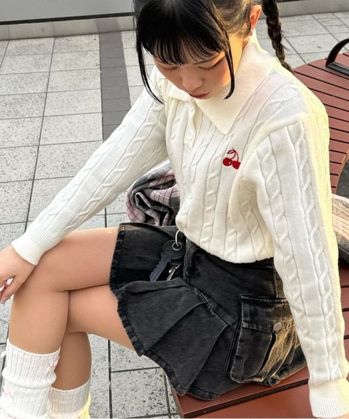 ニット セーター CHERRIES KNIT POLO / ニットポロ レディース Chick ニット セーター CHERRIES KNIT POLO / ニットポロ