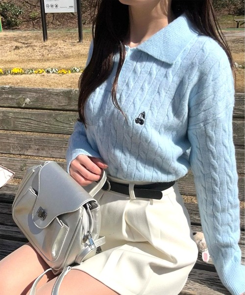 ニット セーター CHERRIES KNIT POLO / ニットポロ レディース Chick ニット セーター CHERRIES KNIT POLO / ニットポロ