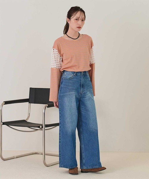 miette（ミエット） tシャツ フラワーレース切替ボーダーロンT