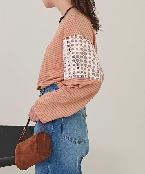 miette（ミエット） tシャツ フラワーレース切替ボーダーロンT