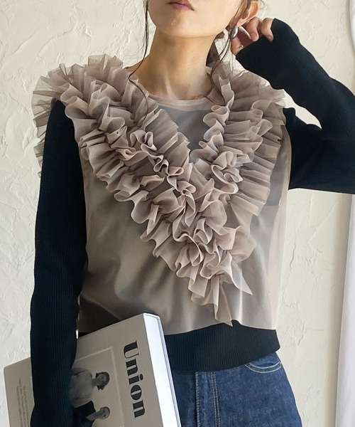 She's Closet ベスト ジレ シアーフリルチュールショート丈