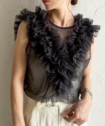 She's Closet ベスト ジレ シアーフリルチュールショート丈クロップド
