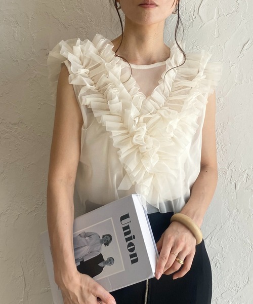 She's Closet ベスト ジレ シアーフリルチュールショート丈クロップド
