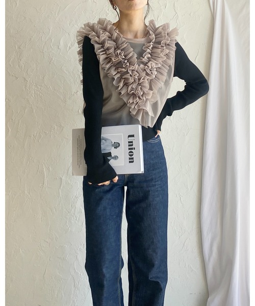 She's Closet ベスト ジレ シアーフリルチュールショート丈