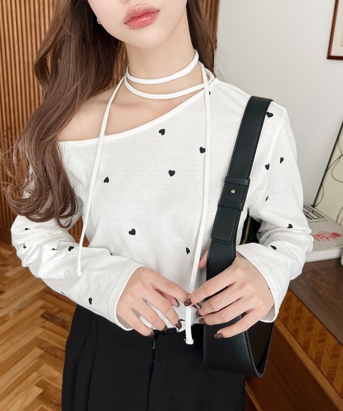 moment+ tシャツ ボーダー＆ハート柄プリントストラップチョーカー