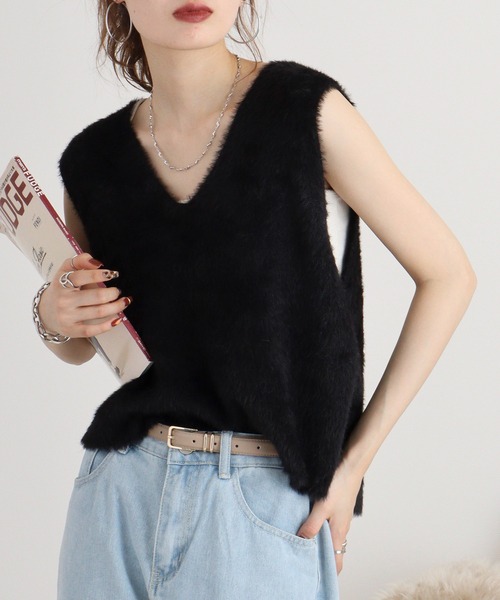 ベスト ジレ Eglantine フェザーヤーンVネックベスト レディース