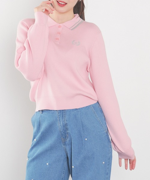 マリンドットパフポロニット MARY QUANT/襟ライン ワンポイント刺繍 ニット ポロシャツ 限定展開