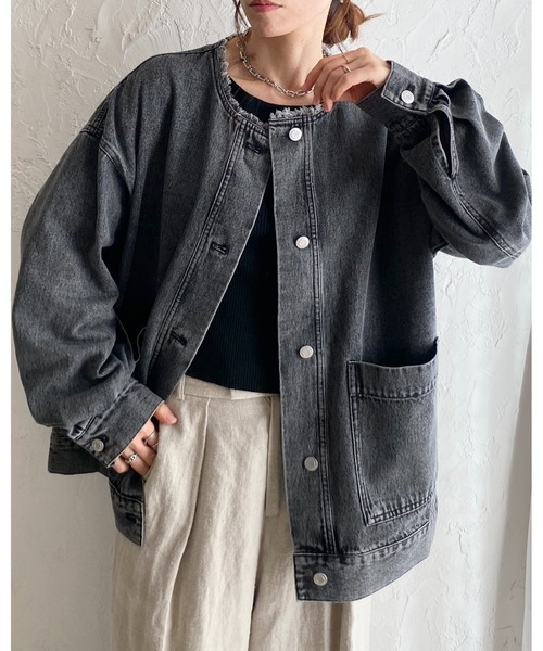 sheller シェリエ　ノーカラーフリンジデニムジャケット シェリエ sheller ノーカラーフリンジデニムジャケット - レディース
