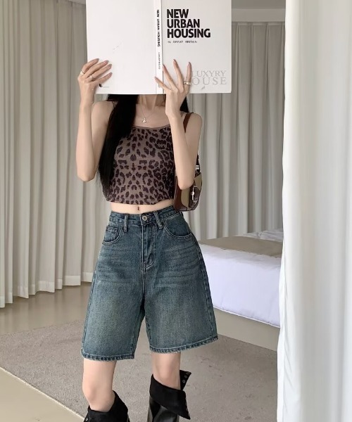 2色 デニム ハーフ パンツ ハイウエスト ウォッシュ加工 無地 4 ウォッシュ加工 ハイウエスト コットン テーパード カーブパンツ