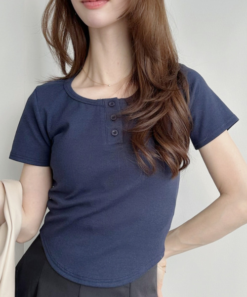 Ada. tシャツ ヘンリーネック ラウンドへム 半袖 トップス レディース
