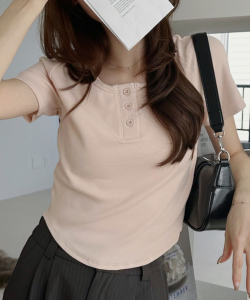 ANNITAN 半袖トップス Ada. tシャツ スタイルアップ！ヘンリーネック ラウンドへム 半袖