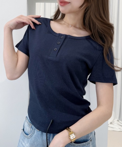 Ada. tシャツ ヘンリーネック ラウンドへム 半袖 トップス レディース