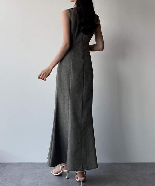 Louere ワンピース リネンライクノースリマーメイドスリットワンピース