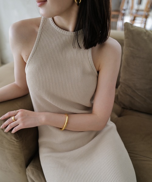新品 アニュアンス ワッフル ナロー ワンピース オリーブ ワッフルナローワンピース(S BEIGE): ワンピースanuans