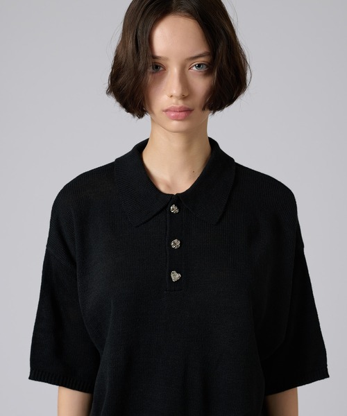 【ONCILY】シルバーボタンダメージニットポロシャツ SILVER BUTTON SWEAT POLO SHIRT / シルバーボタンスウェット