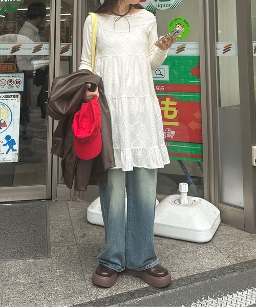 PILIT ワンピース カットレース ティアードキャミワンピース