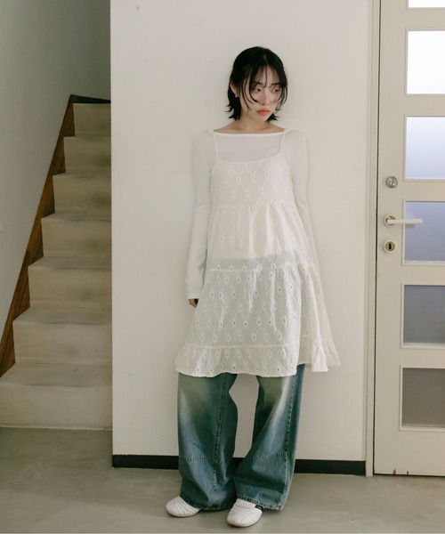 PILIT ワンピース カットレース ティアードキャミワンピース