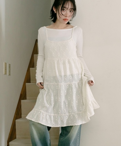 PILIT ワンピース カットレース ティアードキャミワンピース