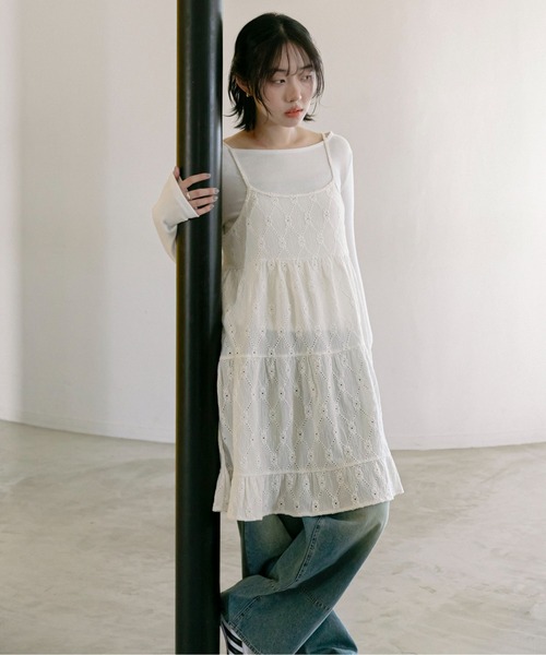 PILIT ワンピース カットレース ティアードキャミワンピース