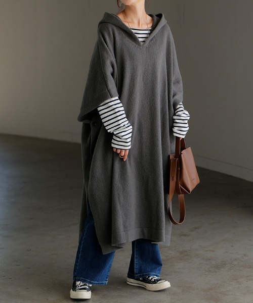 HUG.U（ハグユー） ポンチョ フードニットポンチョ レディース