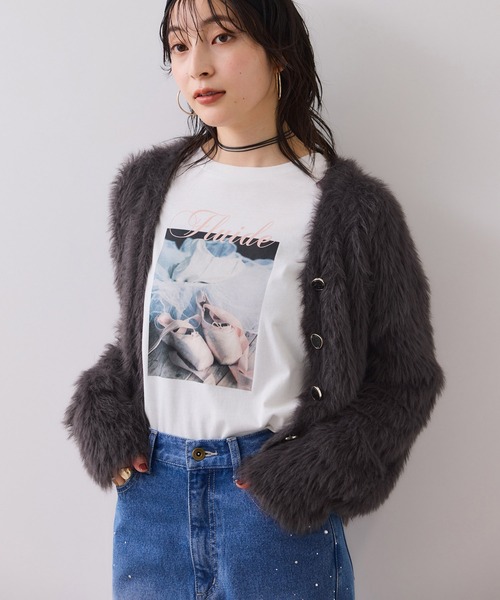 未使用タグ付き　エムズグレイシー　ラビットファー　ロングカーディガン　リボン　黒 Fox mixベーシッククルーカーディガン