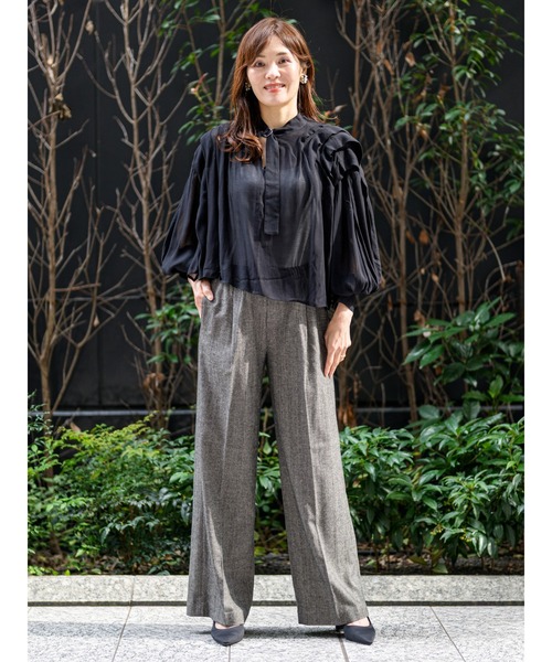 ブラウス シャツ シアー プリーツ ショルダー トップス レディースの画像