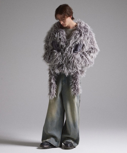 【GRANCY】 ファーボアライダースジャケット グレー L GRANCY 革ジャン ライダース 「GRANCY」Fur Boa Riders Jacket