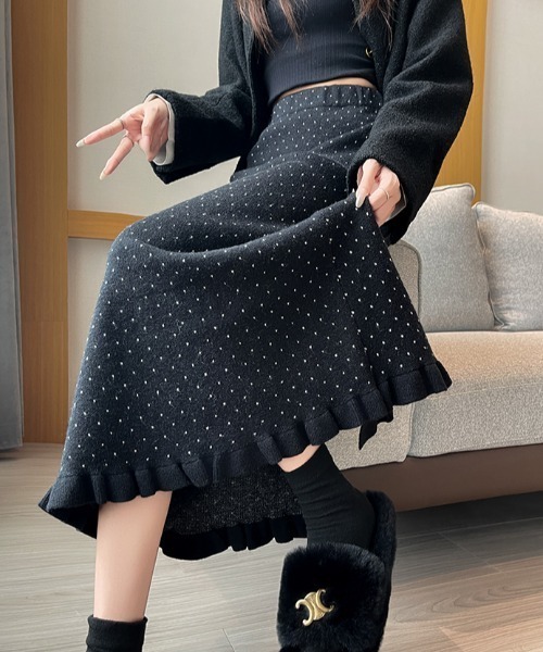 シートーキョーフリル付き黒ドット柄フレアスカート StyleSea（スタイルシー） スカート ドット柄フレアスカート