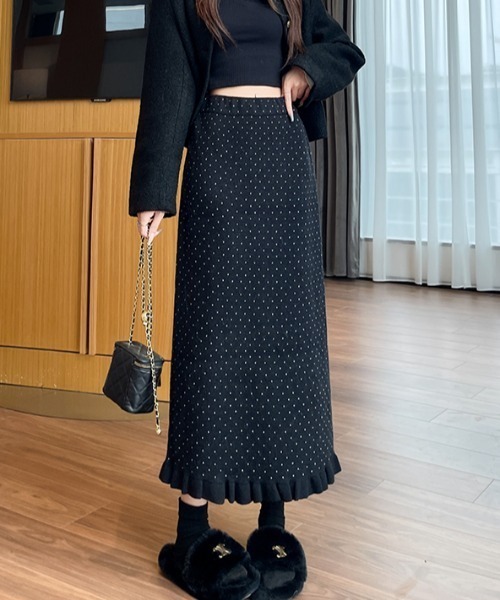 シートーキョーフリル付き黒ドット柄フレアスカート StyleSea（スタイルシー） スカート ドット柄フレアスカート