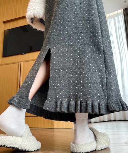 Diosfront ロング スカート 裾フリルドット柄ニットスカート