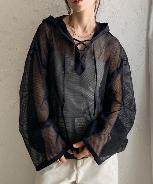 She's Closet パーカー フード付き オーバーサイズ 編み上げ シアー
