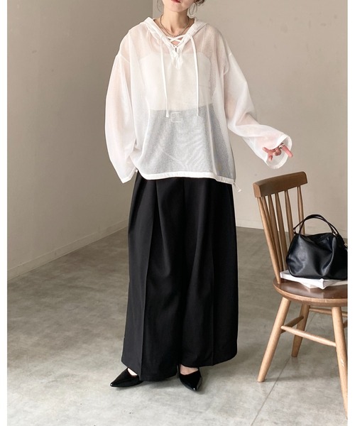 はっぴー※です★フード付きブラウス パーカー She's Closet uvカット パーカー フード付き オーバーサイズ 編み上げ