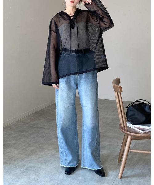 She's Closet パーカー フード付き オーバーサイズ 編み上げ シアー