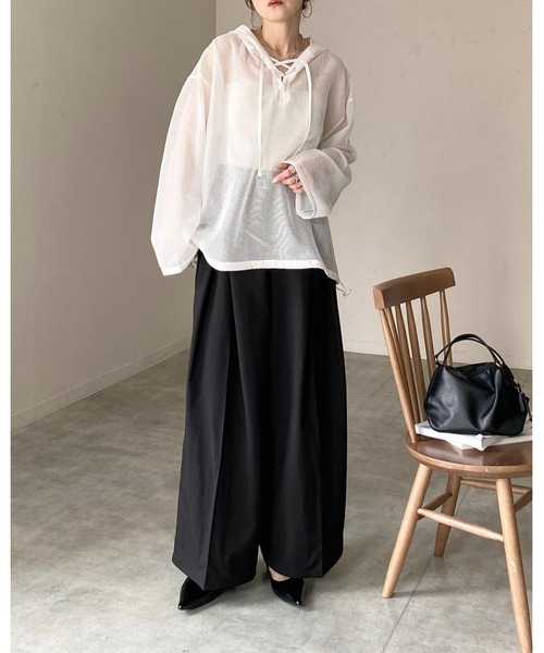 She's Closet パーカー フード付き オーバーサイズ 編み上げ シアー