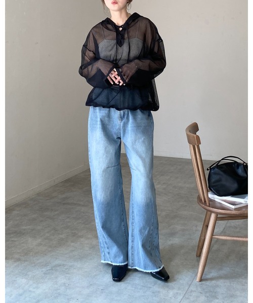 She's Closet パーカー フード付き オーバーサイズ 編み上げ シアー