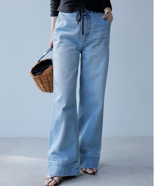 パンツ デニム ジーンズ デザインヘムワイドデニムパンツ レディース 