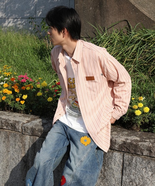 シャツ HOOK -original- 古着風ストライプ総柄ビッグシャツ メンズ