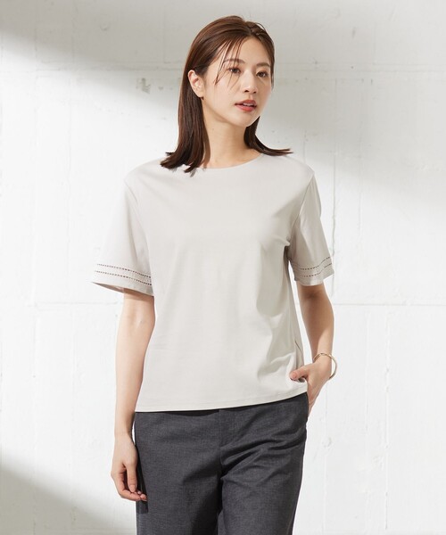 tシャツ 「接触冷感」コットンスムース 刺繍スリーブ カットソー レディース